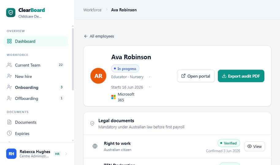 ClearBoard employee record showing legal documents with verified right-to-work status and an export audit PDF button