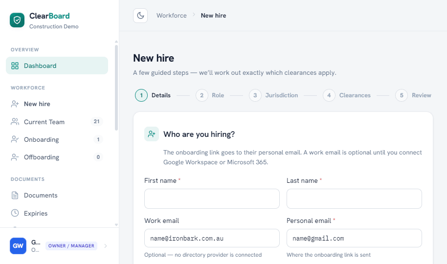 ClearBoard guided new-hire wizard with steps for details, role, jurisdiction, clearances and review